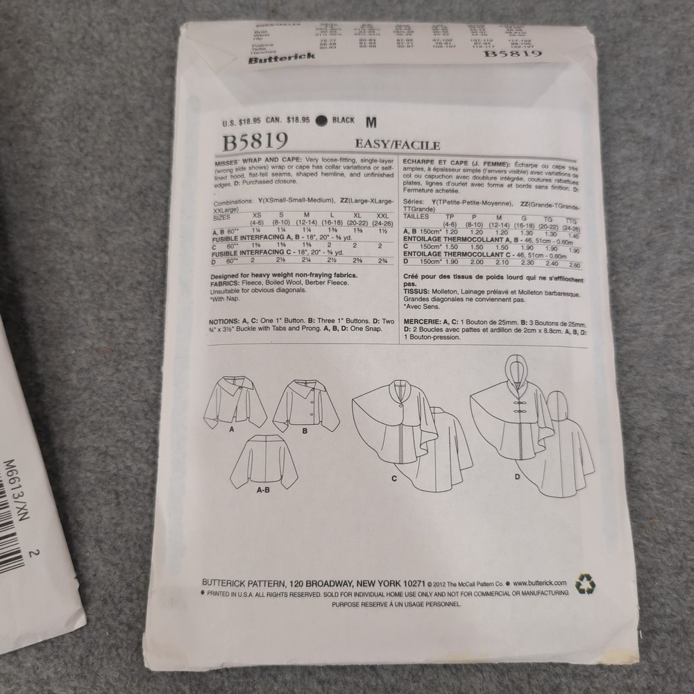 Butterick B5819 Misses Wrap and Cape Pattern Size ZZ L-XL-XXL Cut Complete - Picture 2 of 2
